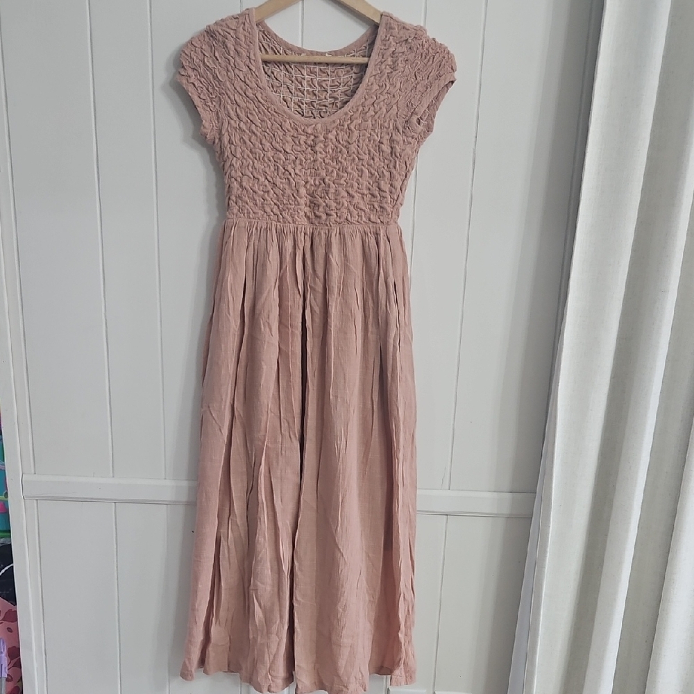 Blush Pink Smocked Bodice Midi Dress 100% Cotton Cottagecore Size Small